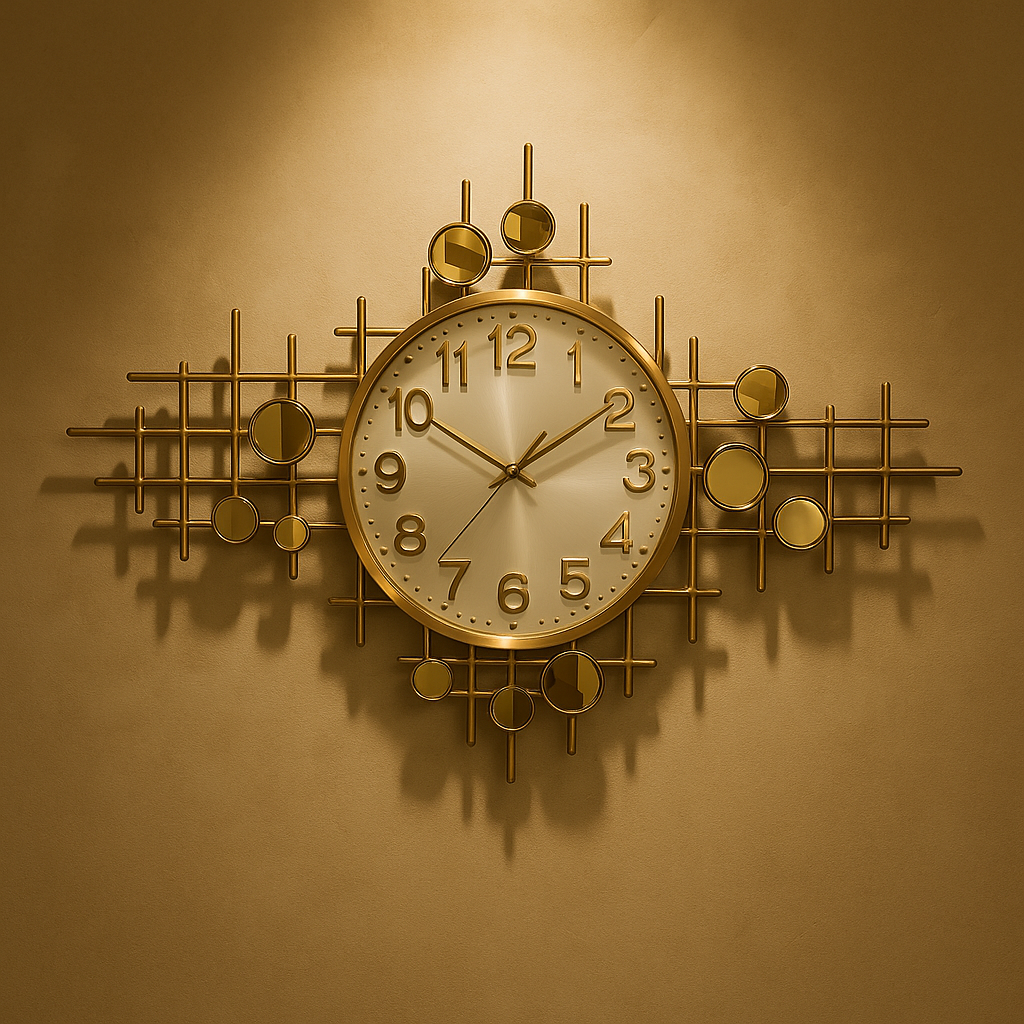 Extra-Large Designer Wall Clock – Modern Gold Geometric Metal Art Clock for Living Room, Hallway & Office