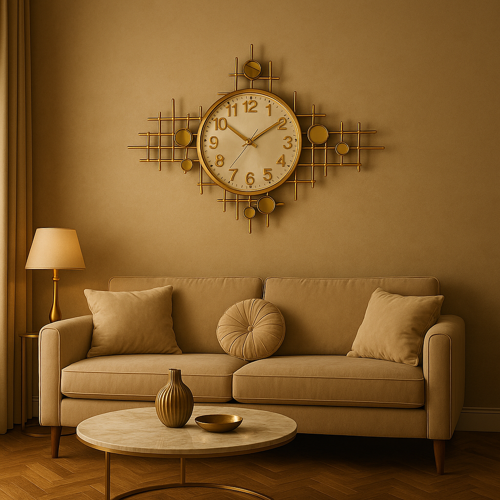 Extra-Large Designer Wall Clock – Modern Gold Geometric Metal Art Clock for Living Room, Hallway & Office