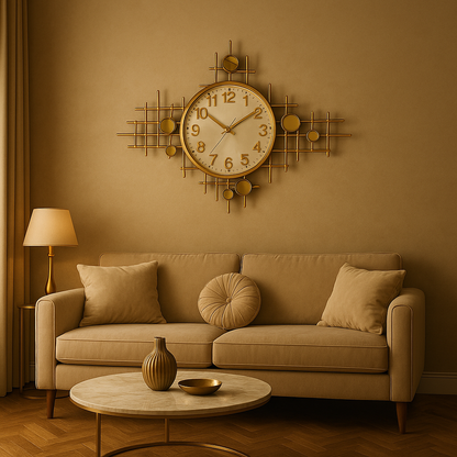 Extra-Large Designer Wall Clock – Modern Gold Geometric Metal Art Clock for Living Room, Hallway & Office