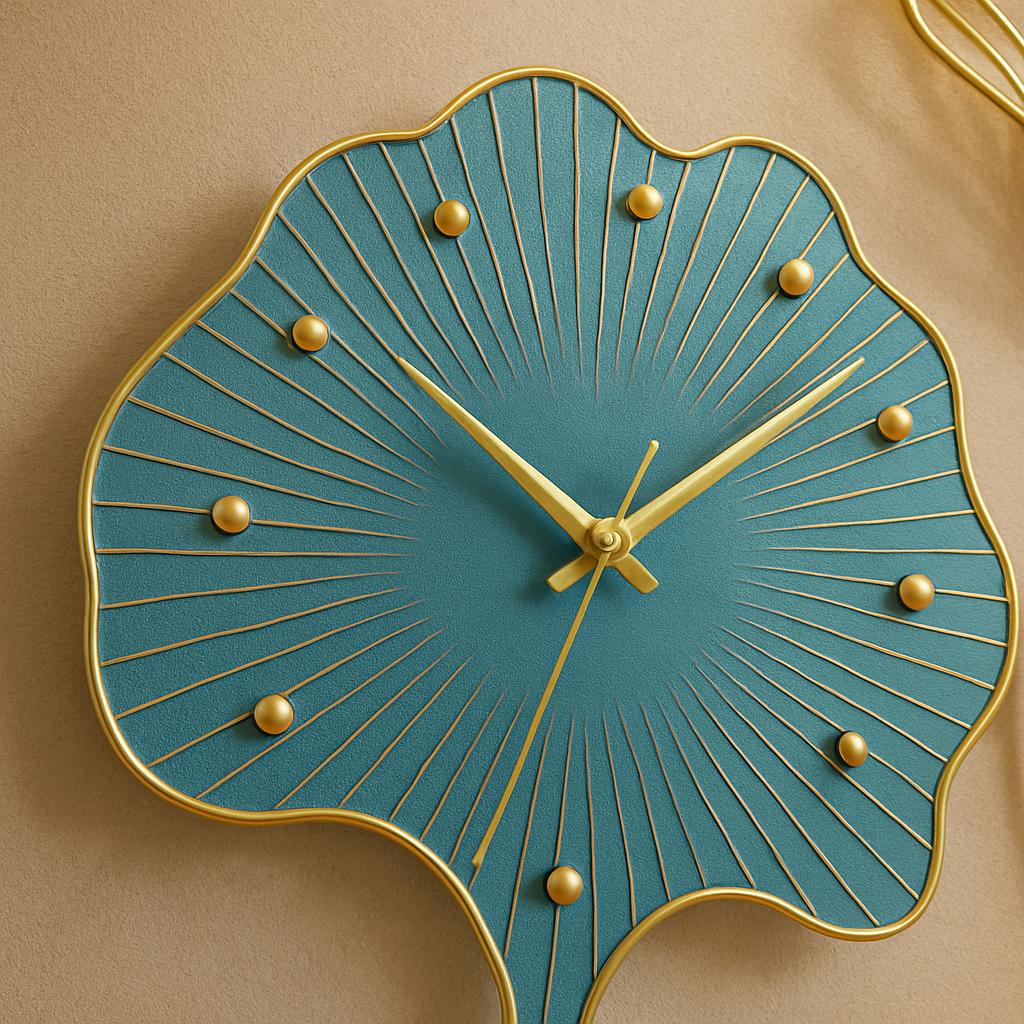 Ginkgo Leaf Designer Wall Clock – Artistic Metal Wall Art Clock with Gold & Teal Finish for Living Room, Hallway, or Office