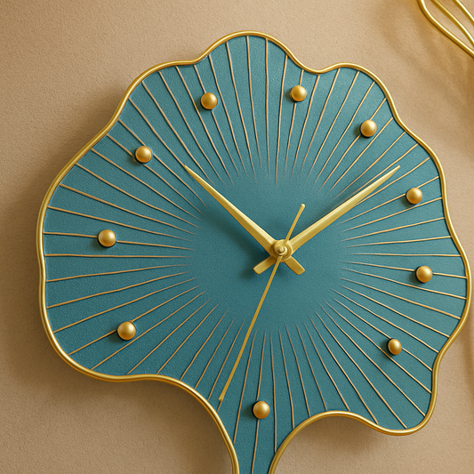 Ginkgo Leaf Designer Wall Clock – Artistic Metal Wall Art Clock with Gold & Teal Finish for Living Room, Hallway, or Office