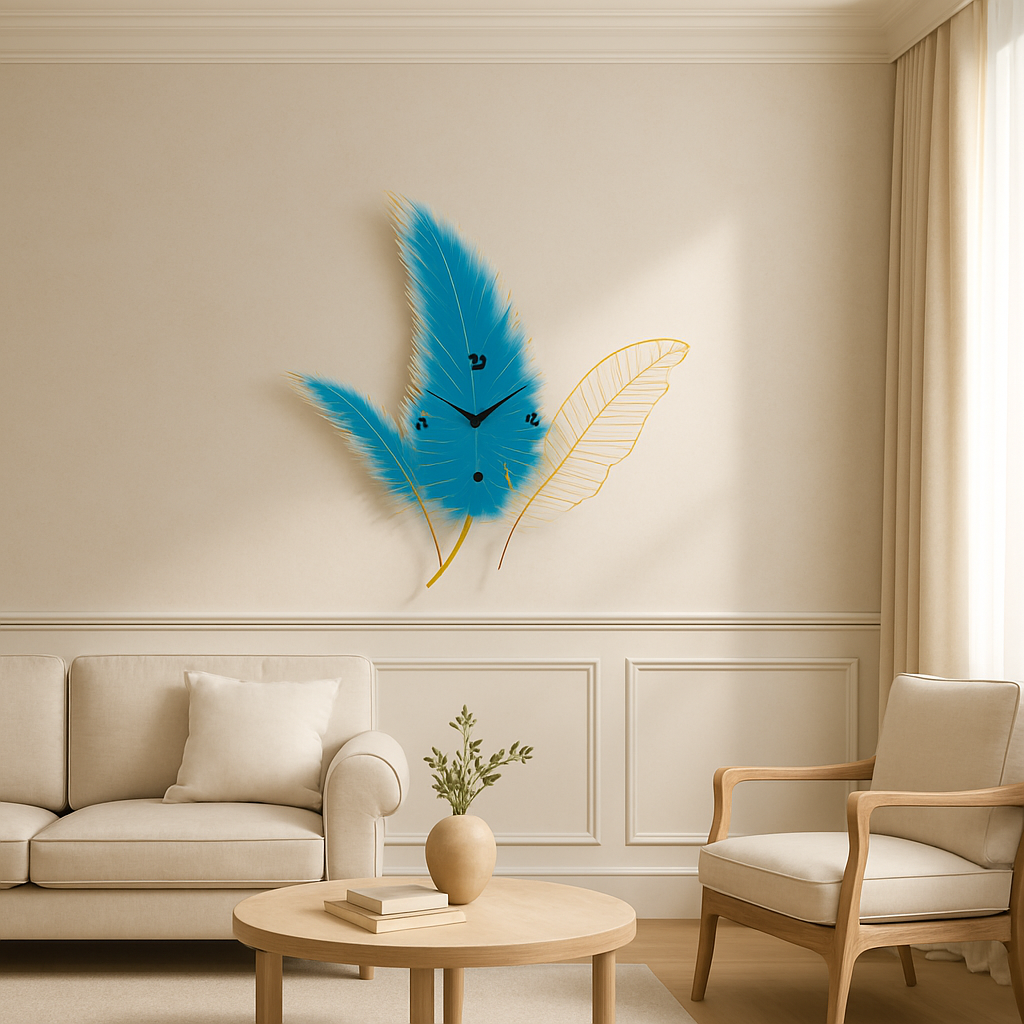 Tropical Leaf Wall Clock – Designer Metal Wall Art Clock in Blue & Gold for Living Room, Hallway, or Bedroom Decor