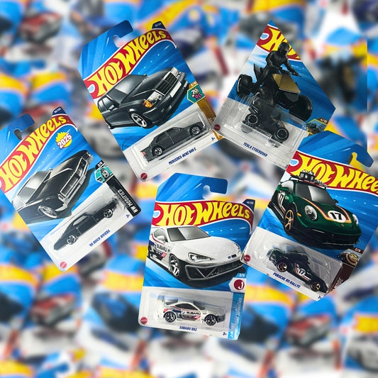 Hot Wheels 5-Car Collectors Set – Porsche 911 Rallye, Mercedes-Benz 500E, Subaru BRZ, Tesla Cyberquad & 1966 Buick Riviera