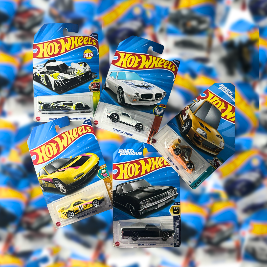 Hot Wheels 5-Car Collectors Set – 95 MAZDA RX -7 DRIFT , CHEVY EL CAMINO, 1994 TOYOTA SUPRA TOONED , 73 PONTIAC FIREBIRD , HYPERVOITURE