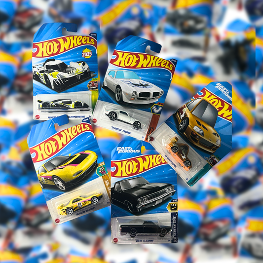 Hot Wheels 5-Car Collectors Set – 95 MAZDA RX -7 DRIFT , CHEVY EL CAMINO, 1994 TOYOTA SUPRA TOONED , 73 PONTIAC FIREBIRD , HYPERVOITURE
