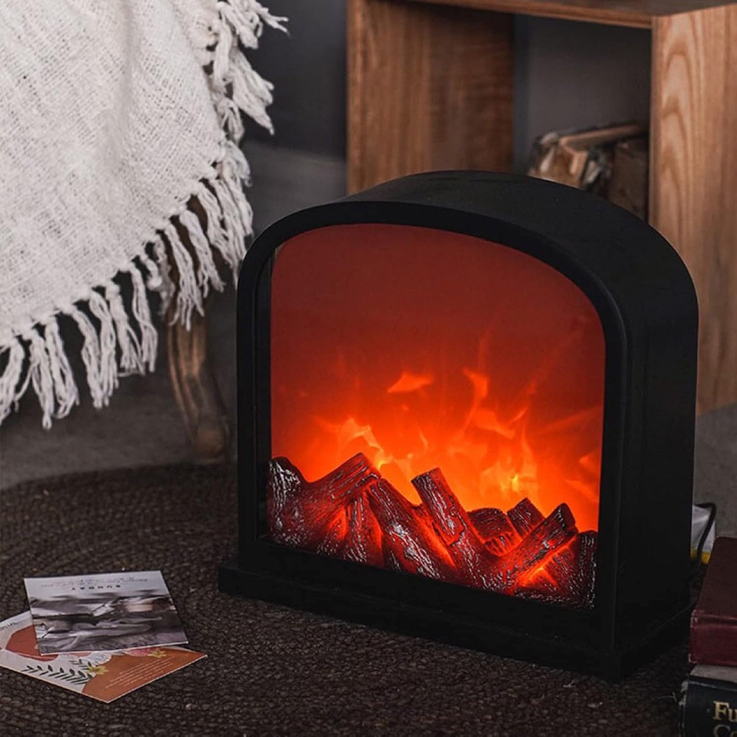 USB Portable LED Fireplace – Tabletop Artificial Flame Heater with Realistic Log Burning Effect for Home & Office Decoration