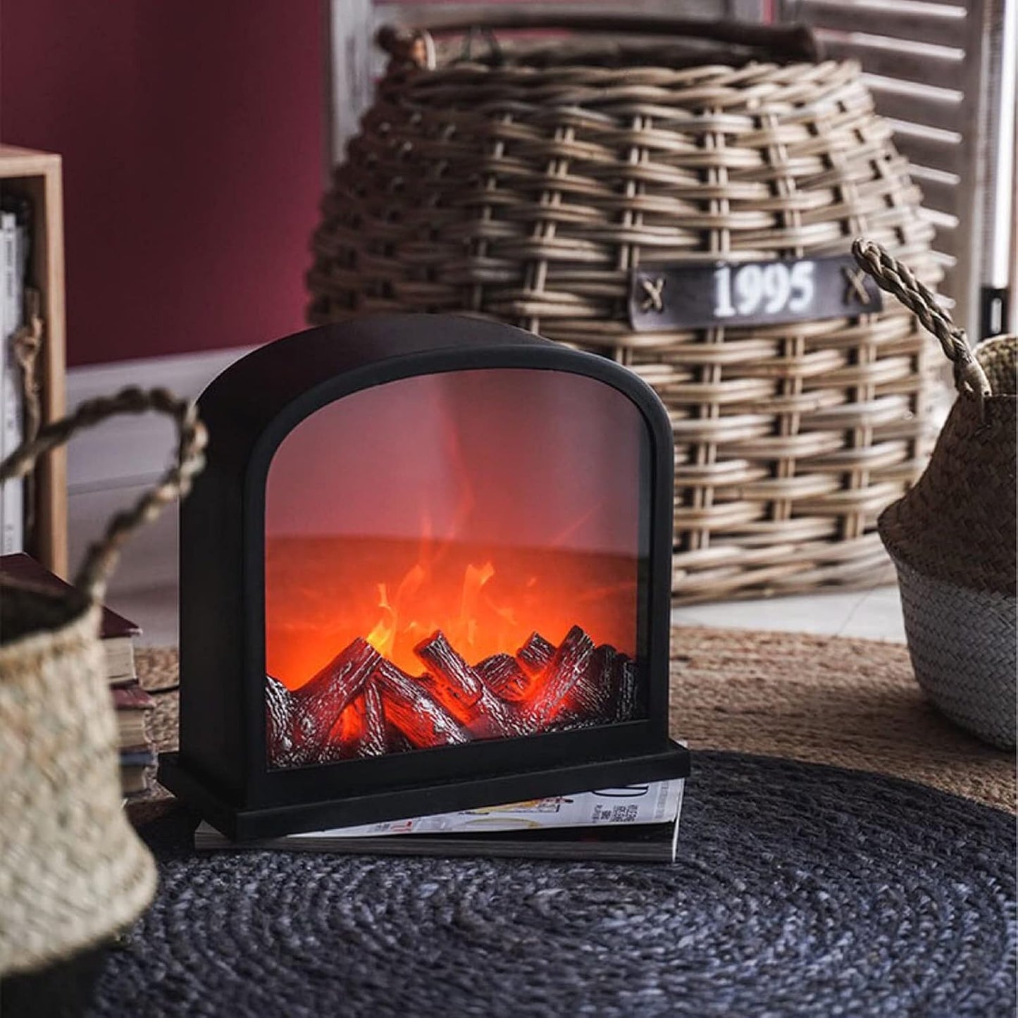 USB Portable LED Fireplace – Tabletop Artificial Flame Heater with Realistic Log Burning Effect for Home & Office Decoration