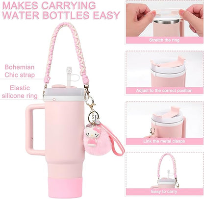 Stanley Cute Tumbler Accessories Set – Strap, Silicone Boot, Charm Keychain & Flower Plug
