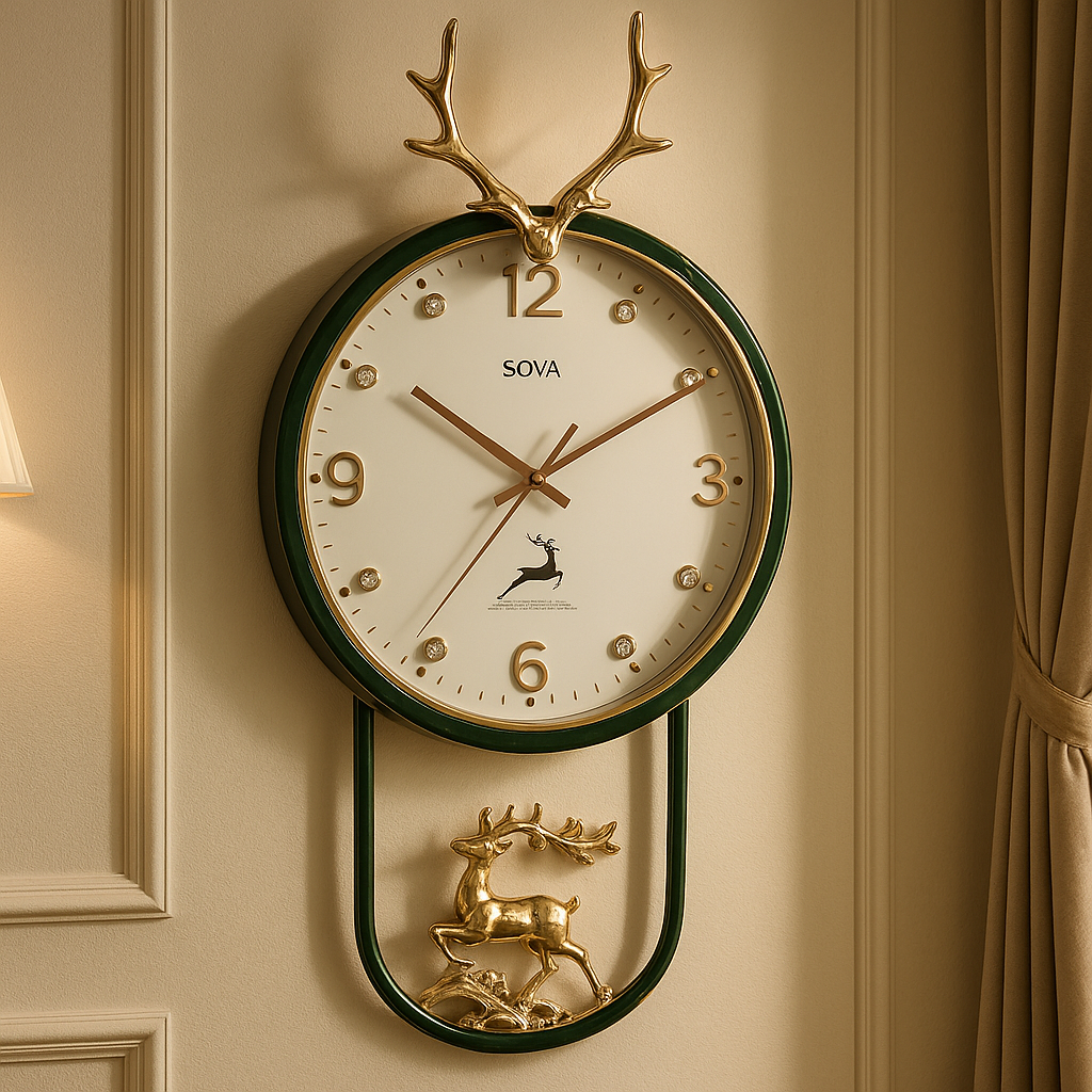 Luxury Antler Wall Clock with Golden Deer Figurine