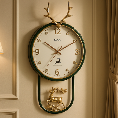 Luxury Antler Wall Clock with Golden Deer Figurine
