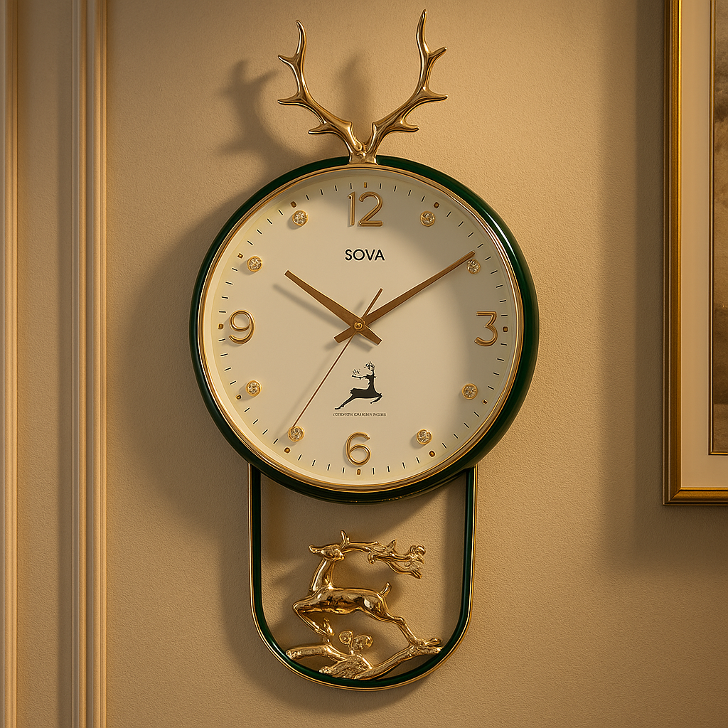 Luxury Antler Wall Clock with Golden Deer Figurine