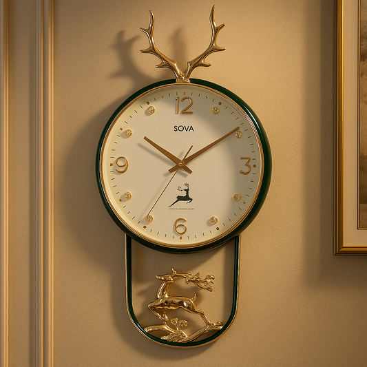 Luxury Antler Wall Clock with Golden Deer Figurine