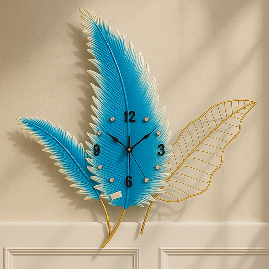 Tropical Leaf Wall Clock – Designer Metal Wall Art Clock in Blue & Gold for Living Room, Hallway, or Bedroom Decor
