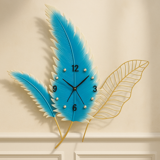 Tropical Leaf Wall Clock – Designer Metal Wall Art Clock in Blue & Gold for Living Room, Hallway, or Bedroom Decor